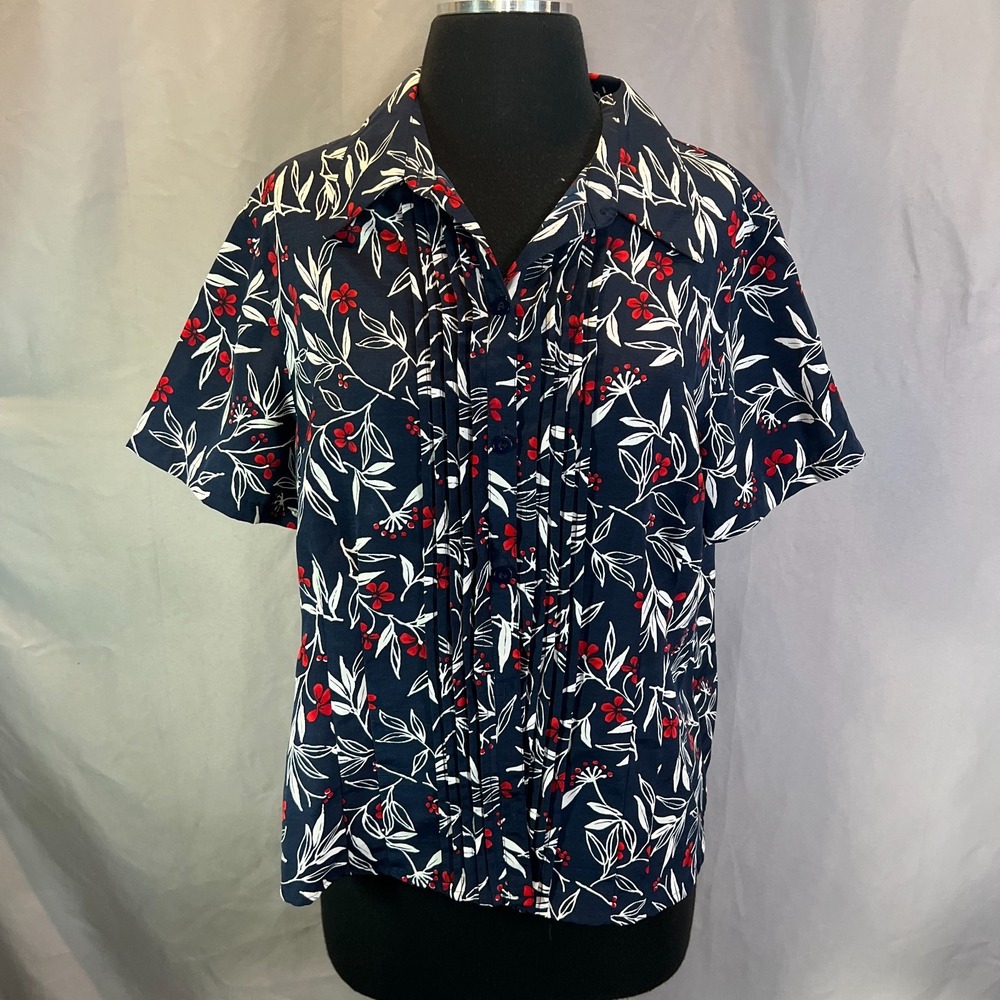 Alfred Dunner Blouse Top Womens 12 Navy Floral Short Sleeve Pleated Button Front